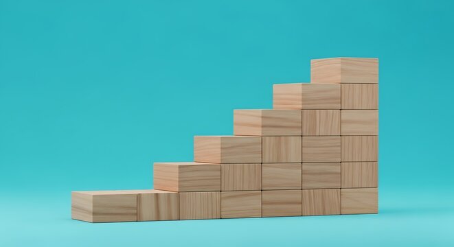 Wooden blocks stacked in a staircase shape on a teal background