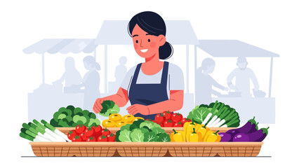 Fresh Harvest: A vibrant illustration captures a vendor at a bustling farmer's market, surrounded by an array of fresh, colorful produce. Showcasing the essence of local food and healthy eating.