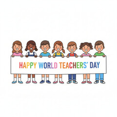 A group of smiling children are holding a big banner that says "Happy World Teachers' Day".