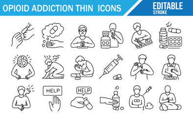 Thin stroke icons pack illustrating drug abuse, opioid crisis, treatment, support, and rehabilitation concepts