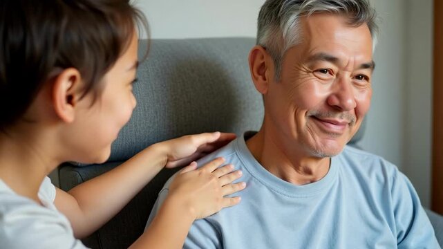 A young child lovingly places a hand on their grandfather's shoulder, sharing a warm, intimate moment.