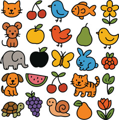 Cute Cartoon Animals Fruits And Flowers Icons tiger