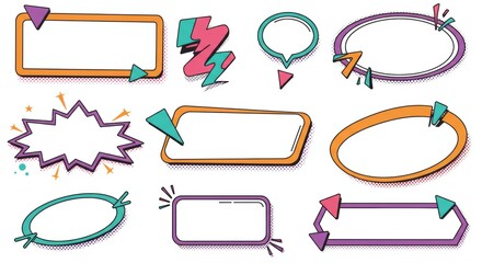 Abstract Funky Frames and Playful Blank Stickers Vector Set with Retro Groovy Labels, Bold Cartoon Zig Zag Geometric Shapes, Arrow Pointers, and Empty Comic Style Badges