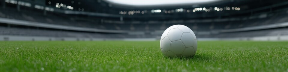 Obraz premium Soccer ball on lush green grass at empty stadium