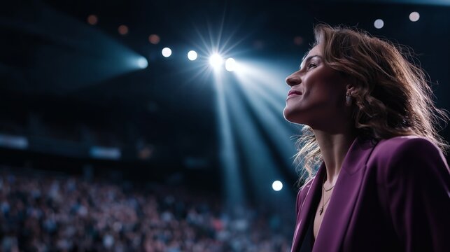 Woman on stage under spotlights with crowd watching. She is smiling.