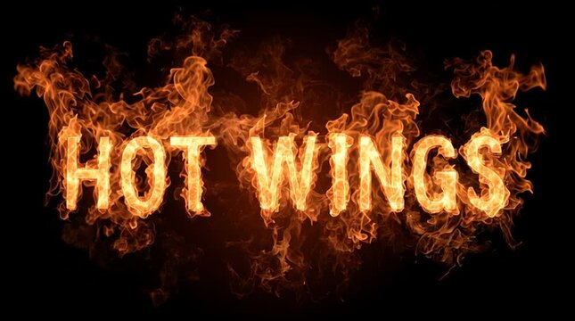 Hot wings title sign - fire font letters, animated flames isolated on black background - horiztonal 16:9 text screen for bar, restaurant, promotion presentation or tv ad - hot wings, spicy