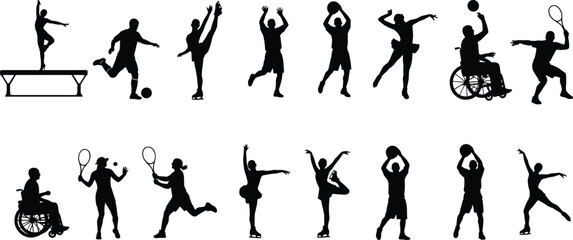 Silhouette sports and dance figures including gymnastics, ballet, basketball, soccer, tennis, and wheelchair athletes showing diversity, movement, and athletic performance vector illustration