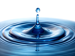 A single water droplet falling into rippling blue water, isolated on transparent background