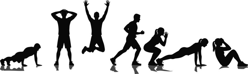 Silhouette Set of People Exercising – Fitness, Workout, and Sports Poses Vector Illustration
