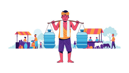 Marketplace Labor: An illustration of a hardworking vendor bearing two large water containers across his shoulders against the backdrop of a bustling marketplace.