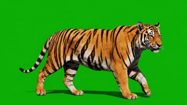 Majestic tiger prowling across vibrant green screen in striking wildlife footage green screens, chroma key 4k video