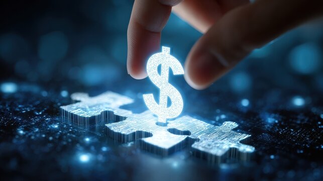hand places glowing dollar sign puzzle piece on futuristic tech background digital finance investment and business solution concept