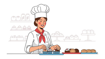 Baking Delight: A cheerful baker expertly prepares an array of delectable pastries in a well-lit kitchen, radiating passion and precision, showcasing the artistry of culinary creation.