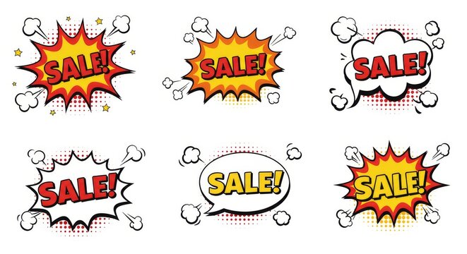 Blank Sale Tag and Pop Art Sale Banner with Red and Yellow Starburst Sticker, Funny Bang Comic Bubble Explosion Shape Vector Illustration in Bold Retro Style