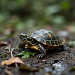 Obraz premium A Small Turtle Taking a Slow and Steady Journey Down a Forest Path