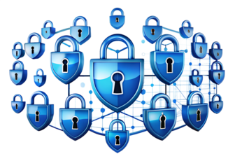 A network of blue digital security padlocks, representing data protection and cybersecurity, isolated on transparent background