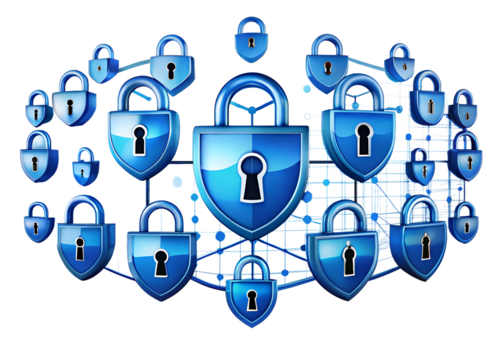 A network of blue digital security padlocks, representing data protection and cybersecurity, isolated on transparent background