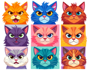 Square Cat Portraits with Expressive Cartoon Emotions