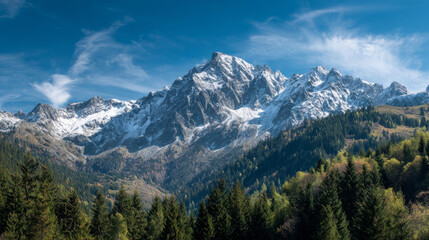 Fototapeta premium Panoramic view of snow-capped mountains under a clear blue sky