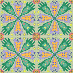 Fototapeta premium Colourful fabric pattern of purple butterfly and green leave