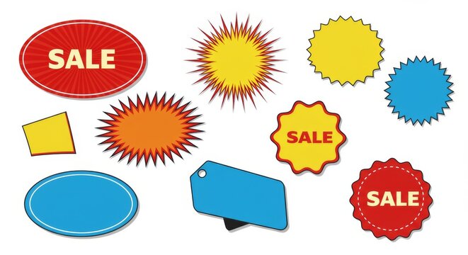 Blank Sale Tag and Pop Art Sale Banner with Red and Yellow Starburst Sticker, Funny Bang Comic Bubble Explosion Shape Vector Illustration in Bold Retro Style
