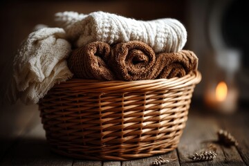 Obraz premium Cozy towels arranged in a woven basket on a rustic wooden table in a warm and inviting setting during the evening