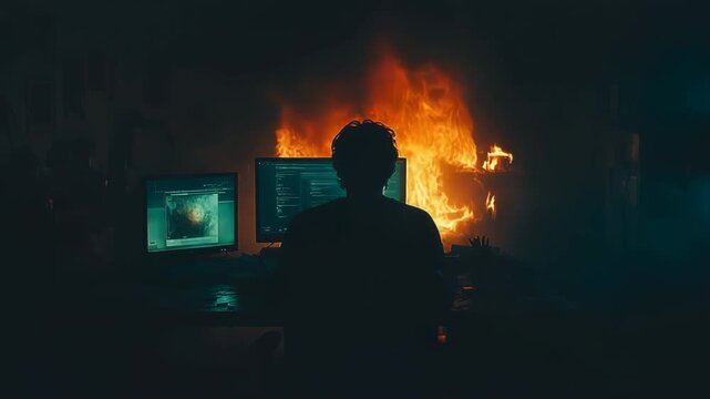 A person seated at a desk with computer screens, focused on work while a fire blazes in the background