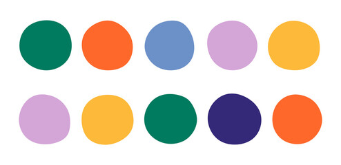 Set of colorful hand drawn circles, graphic design elements for project design. Cartoon uneven round shape collection isolated on white background. Colored flat vector illustration