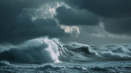 Fototapeta premium Stormy sea with dark clouds and massive waves crashing along the coast