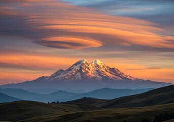 Majestic twin peaks at sunrise with clouds.