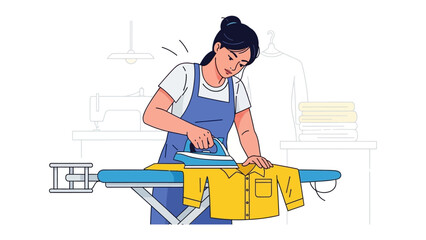 Ironing a Yellow Shirt: In a brightly lit room, a woman carefully irons a yellow shirt, with a neat stack of folded clothing resting nearby, showcasing domestic simplicity and everyday tasks.