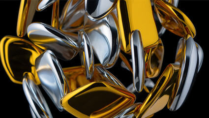 Abstract composition of polished elements arranged in a dynamic pattern. Glass or liquid metal, bright gold and silver colours flowing smoothly into each other.