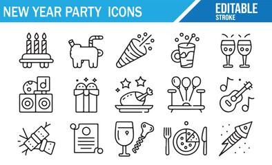 Fototapeta premium New Year line icons set for holiday party design with decorative elements, food, drinks, music, and dancing