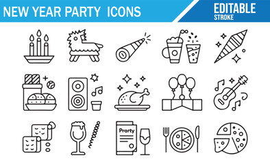 Festive editable stroke icons of New Year celebration including cake, balloons, fireworks, drinks, and music