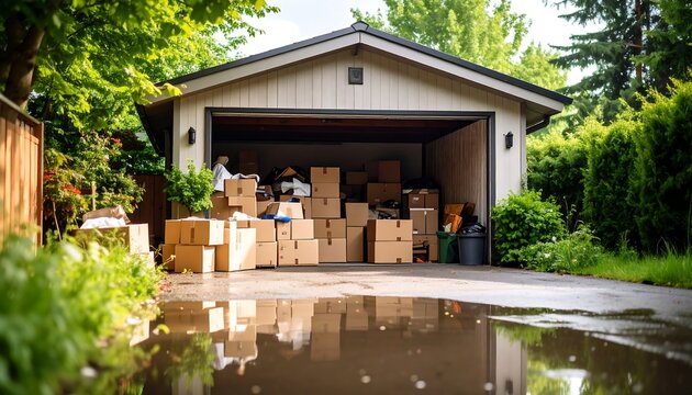 A cluttered garage filled with boxes, reflecting in a puddle