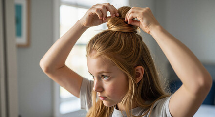 Fototapeta premium Young girl styling hair into a bun while looking in the mirror 