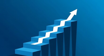 Blue bar chart with arrow pointing upwards on a blue background