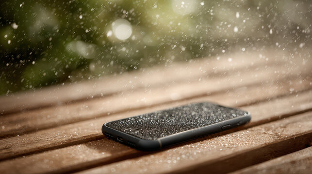 Modern waterproof smartphone lying on wooden surface with water droplets and rain falling creating fresh and durable impression