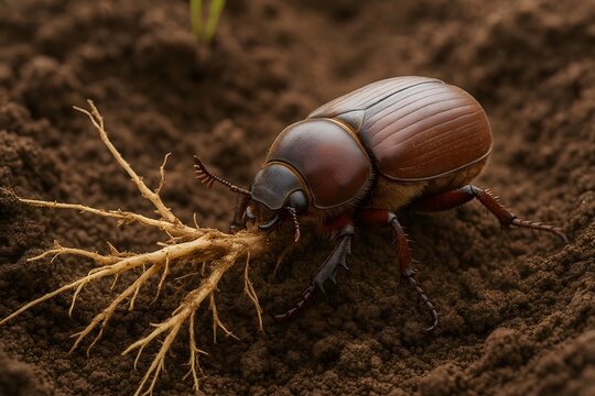Conceptual photo of Diloboderus abderus on crop roots, symbolizing its impact as agricultural pest.