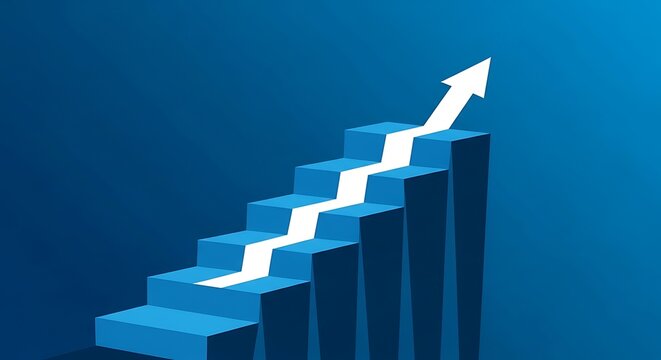 Blue bar chart with arrow pointing upwards on a blue background