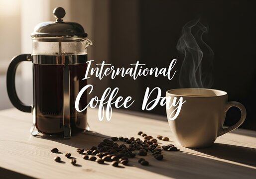 French press and cup of coffee for international coffee day