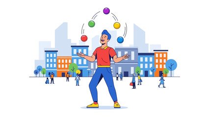 City Juggler: A skilled juggler captivates a vibrant cityscape with colorful spheres, blending art and urban life in a dynamic illustration