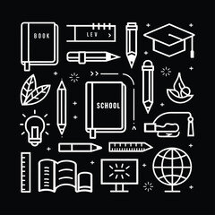 A black silhouette vector set of school and science icons including book, camera, computer, medicine, and music symbols for web illustration