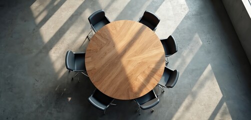 Top view of modern meeting room featuring empty round wooden table surrounded by black chairs. Sunlight streams through window, casting geometric shadows on concrete floor, creating clean,