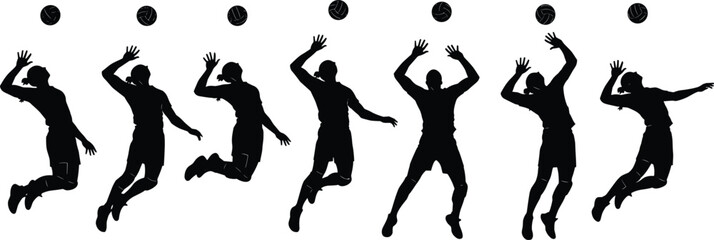 Black silhouette volleyball player performing jump serve sequence showing different motion stages with ball positions, sports training vector illustration for competition