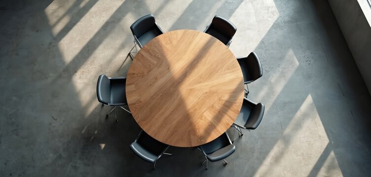 Top view of modern meeting room featuring empty round wooden table surrounded by black chairs. Sunlight streams through window, casting geometric shadows on concrete floor, creating clean,