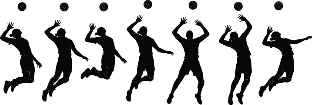 Black silhouette volleyball player performing jump serve sequence showing different motion stages with ball positions, sports training vector illustration for competition