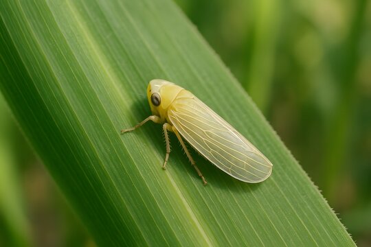 Macro photo of Dalbulus maidis on maize stem, representing its role as pest in agriculture.