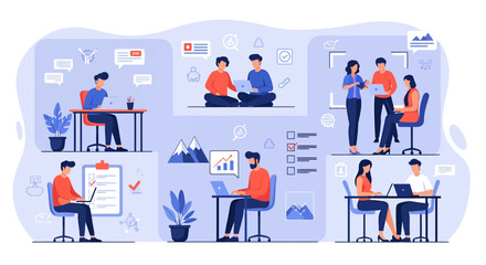 Diverse team collaborating with laptops charts and checklists in a modern office.