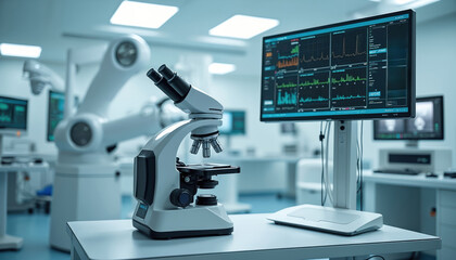 Modern medical lab with robotic equipment, monitors showing data, and surgical instruments. Sterile, bright environment focuses on precision, automation, and future healthcare solutions.